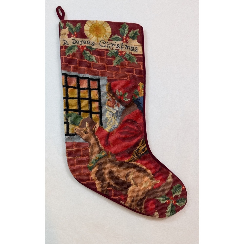Vintage Needlepoint Stocking Wool Santa "A Joyous Christmas" Reindeer Window‎